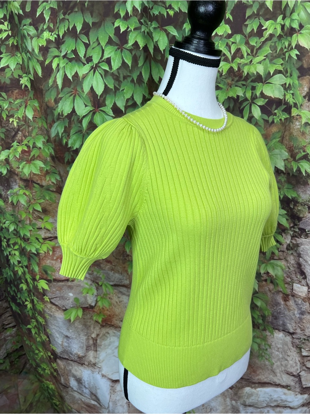 TED BAKER Chartreuse Green Rib Knit Fitted Puffy Sleeve Crewneck Sweater, 0/XS - Picture 10 of 13